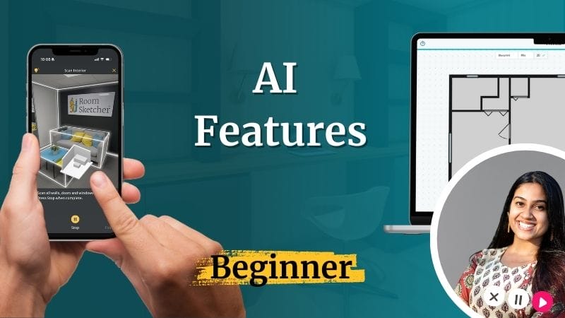 Promotional graphic for a beginner AI Features webinar, showing a phone scanning a room with RoomSketcher, a floor plan on a computer screen, and a webinar host portrait.