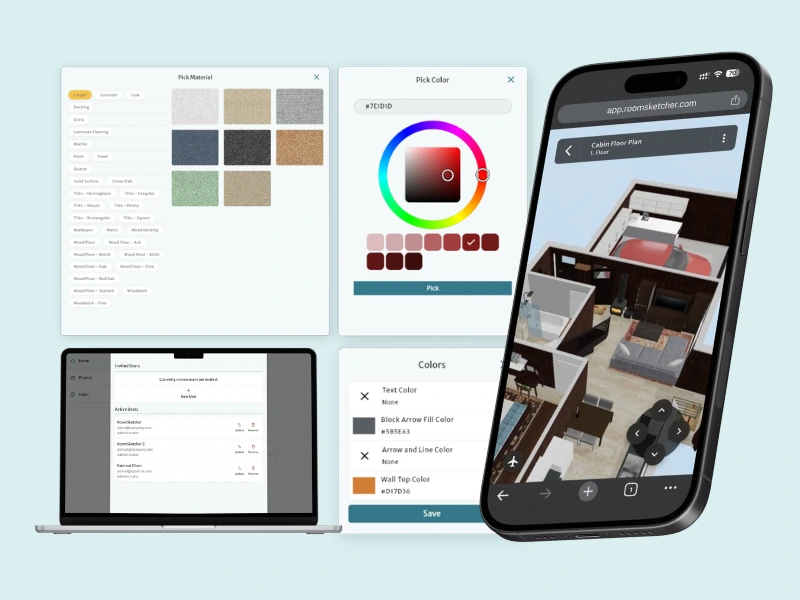 Screenshots from a RoomSketcher update with customizable styles and Live 3D on phones.