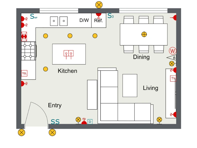 A 2D electrical floor plan for a kitchen, living and dining room showing planned outlets, switches and lights.