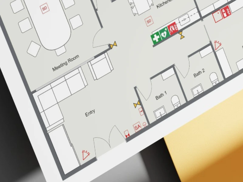 An electric floor plan showing office security system planning using RoomSketcher.