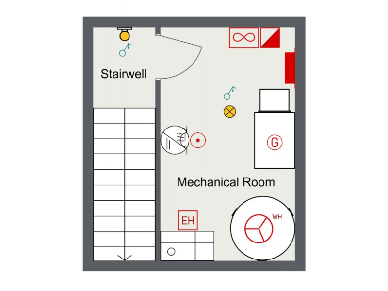 A RoomSketcher electrical floor plan of a mechanical room with electrical symbols for different components.