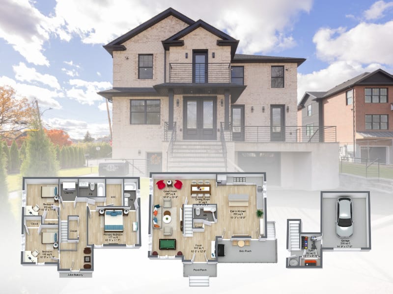 3D floor plans made with RoomSketcher overlaid on real estate photography of the house they represent.