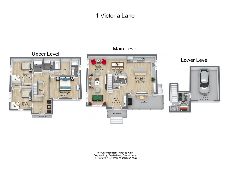 3D floor plans of a two-story house with a semi-basement garage.