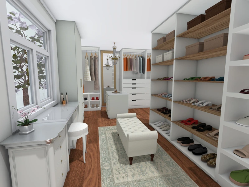 A walk-in closet in RoomSketcher using customizable furniture items.