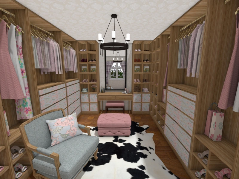 A walk-in closet in RoomSketcher using customizable furniture items such as a cowprint rug.