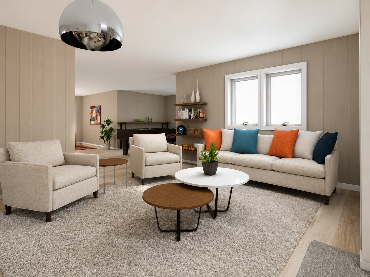 A photorealistic image of a living room rendered using AI Render.