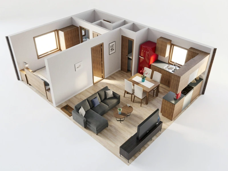 A photorealistic image rendered using RoomSketcher AI Render showing a three-quarter view of a one bedroom apartment.