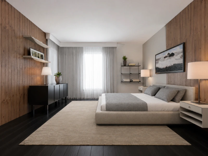 A photorealistic image of a bedroom rendered using RoomSketcher AI Render.