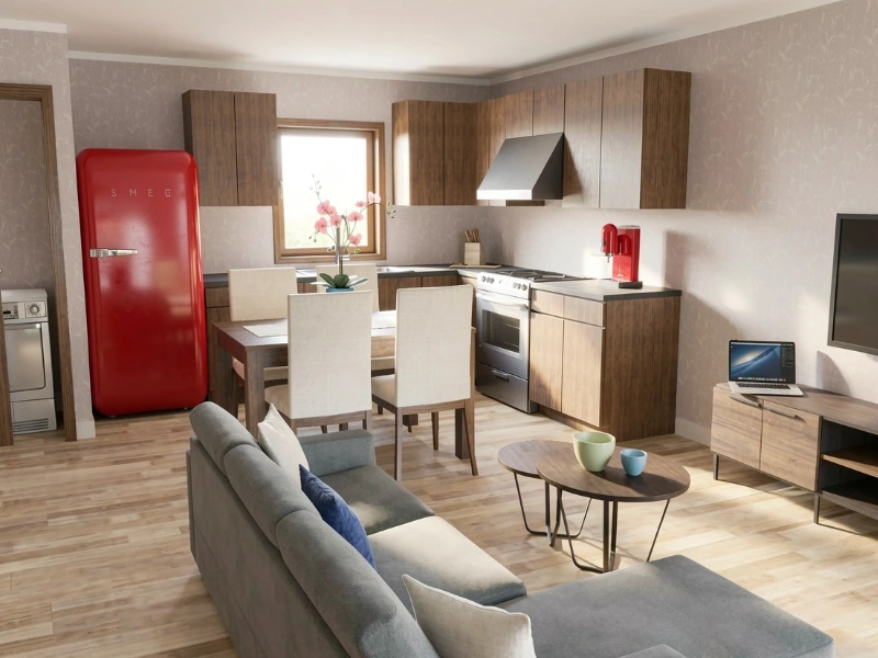 A photorealistic image of a kitchen rendered using RoomSketcher AI Render.