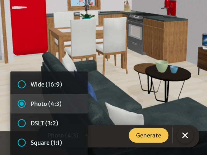 An image showing AI Render user interface in RoomSketcher web portal.