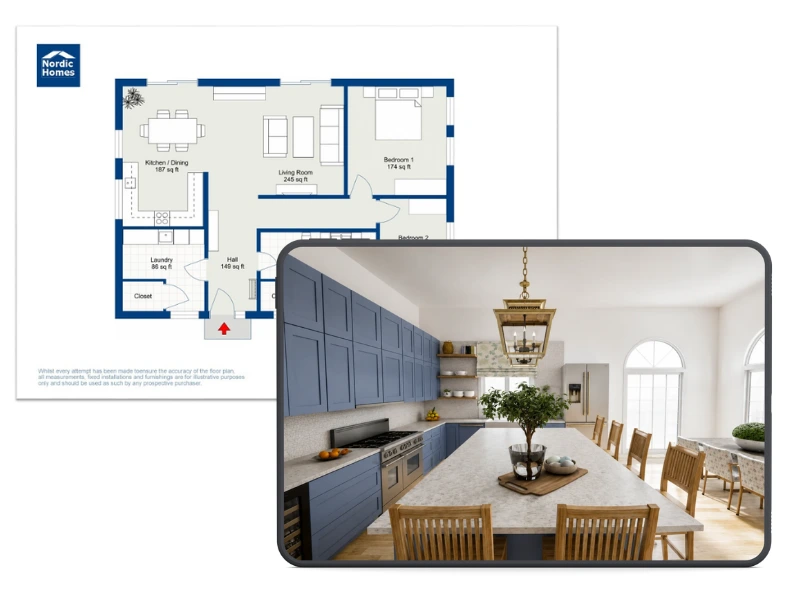A branded RoomSketcher floor plan with a photorealistic room render using AI Render.