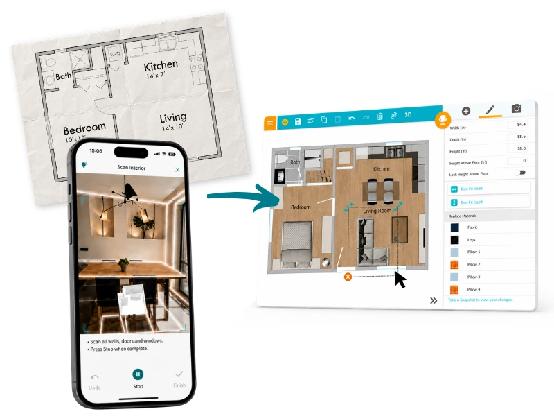 An image showing multiple starting points for a RoomSketcher design, including from an existing plan and from capturing a room with you phone.