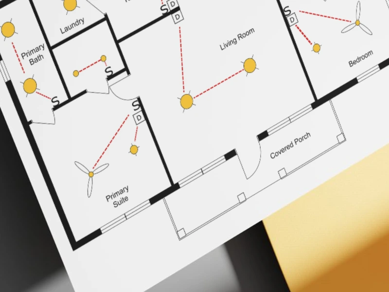 A close up image of a reflected ceiling electrical floor plan of a 1100 square foot house.