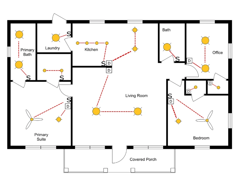 A reflected ceiling electrical plan for an 1100 square foot house generated using RoomSketcher.