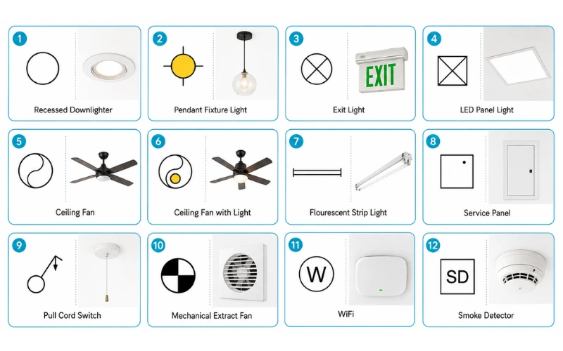 A collection of electrical floor plan symbols you would find in reflected ceiling plans and their real-life counterparts.