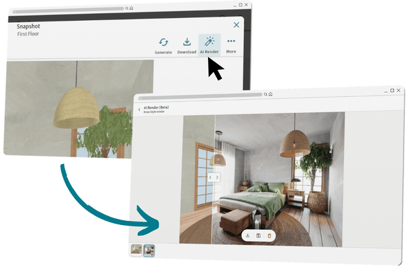 AI Render can be accessed easily through the RoomSketcher web portal. Clicke the AI Render button on snapshots, 3D photos or Live 3D.
