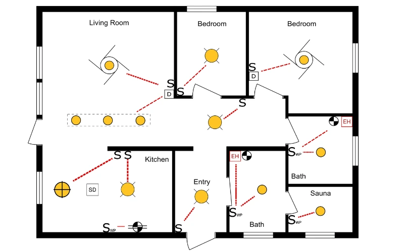 The reflected ceiling plan of a small, 2-bedroom house created using RoomSketcher