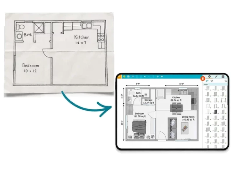 Hand-drawn floor plan being converted into a digital and editable project in the RoomSketcher app.
