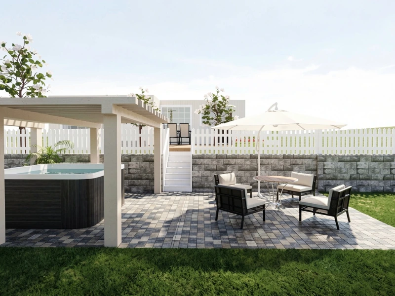 A photorealistic image of an outdoor area and site plan designed using RoomSketcher.