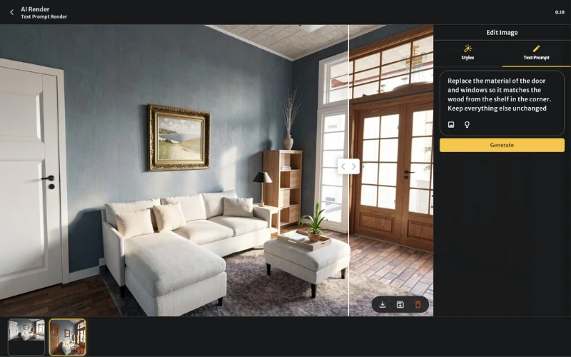 An image of RoomSketcher AI Render and its user interface, showing prompting changing the render.