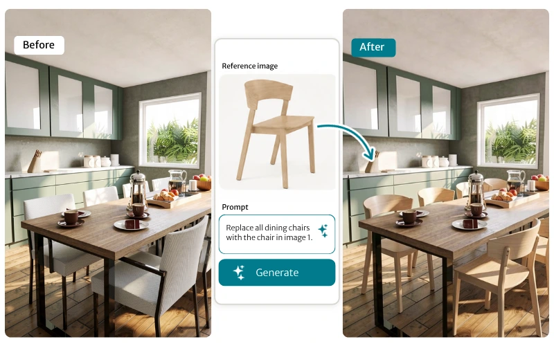 An image showing a RoomSketcher AI Render being editing using prompting and a reference image.