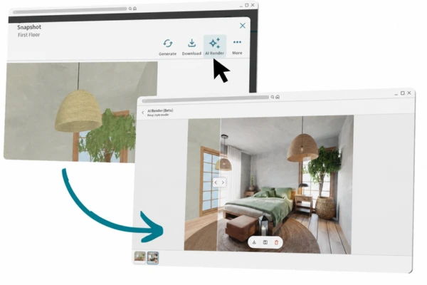 AI Render can be accessed easily through the RoomSketcher web portal. Clicke the AI Render button on snapshots, 3D photos or Live 3D.