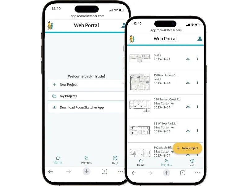Två mobilskärmar som visar RoomSketchers Web Portal. Den vänstra skärmen visar startsidan med alternativen Nytt projekt, Mina projekt och ladda ner appen. Den högra skärmen visar en projektlista med ritningar och en knapp för ”New Project”.