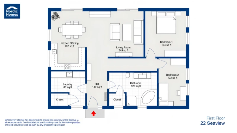 2D-planritning av en bostad med kök och matplats, vardagsrum, två sovrum, badrum, tvättstuga, hall och garderober.