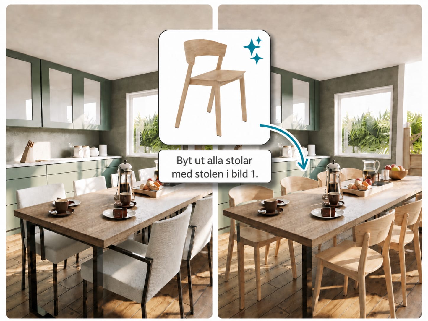ai-rendering som visar hur möbler i ett rum kan ersättas med hjälp av en referensbild, med ett tydligt före-och-efter-resultat.