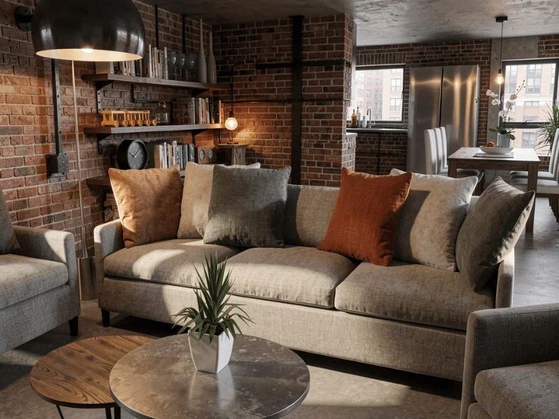 Industriellt vardagsrum med tegelväggar, beige soffa, mörka och rostfärgade kuddar, stor metallampa och öppen planlösning mot matplatsen.