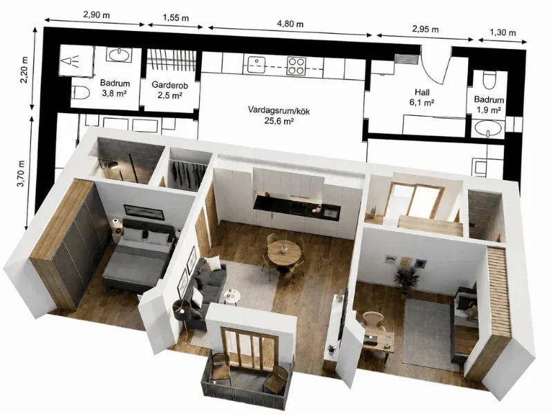 2D- och 3D-planritning av en lägenhet med rumsindelning, möblering och mått i meter.