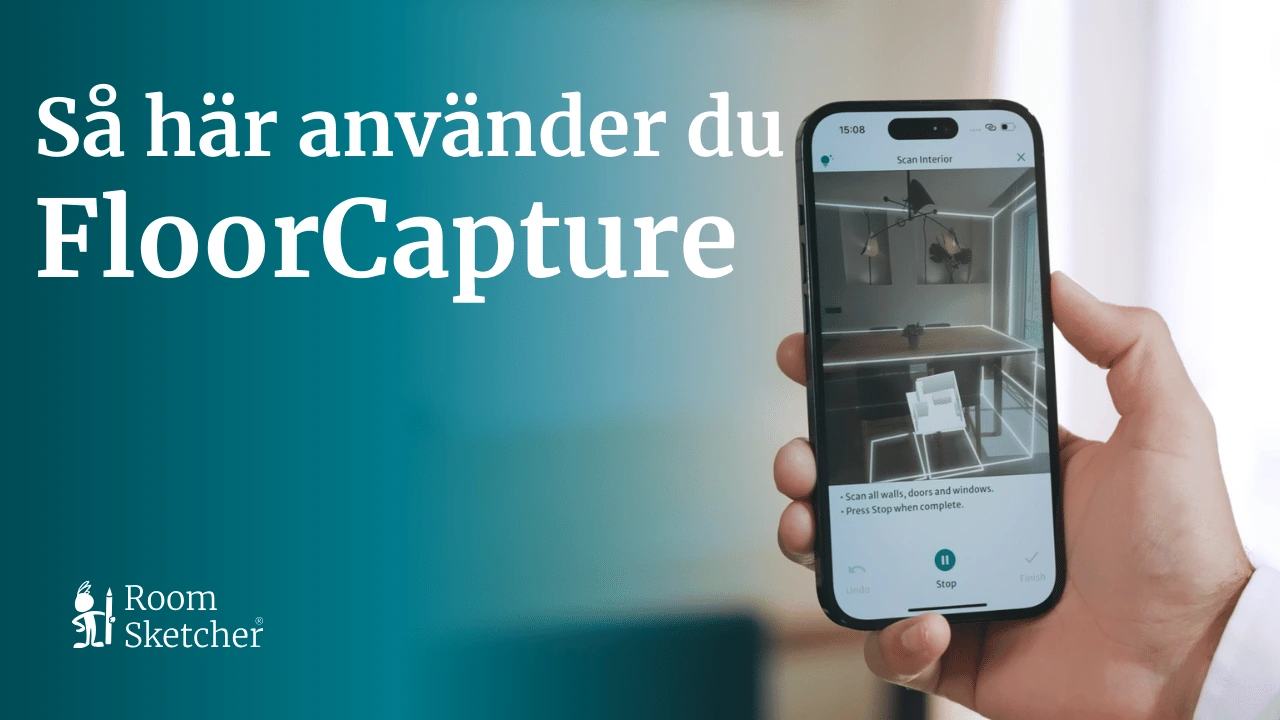 Person håller en iPhone och använder RoomSketcher FloorCapture för att fånga ett rum och skapa en planritning.