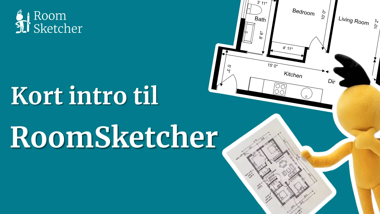 RoomSketcher-logotyp och texten “Kort intro till RoomSketcher”, med en figur som håller en planritning och illustrationer av en bostadsplanritning.