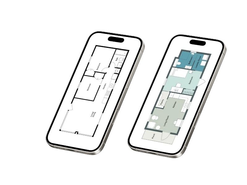 Grafiken visar två iPhones bredvid varandra, som vardera visar en olika typ av planritning – den ena i en enkel svartvit layout och den andra i en detaljerad, färgkodad version med rummets namn. Denna bild är en del av prissektionen och illustrerar att betatestare av planritningsskanningsappen får sina två första skanningar utan kostnad.