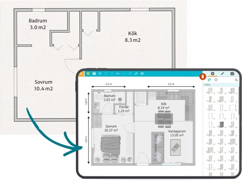 En planritning omvandlas till en detaljerad digital planritning i RoomSketcher.