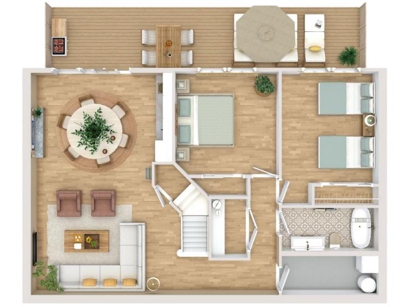 3D-planritning över ett hem med två sovrum, ett badrum, vardagsrum, matplats, kök och en stor terrass med utemöbler.