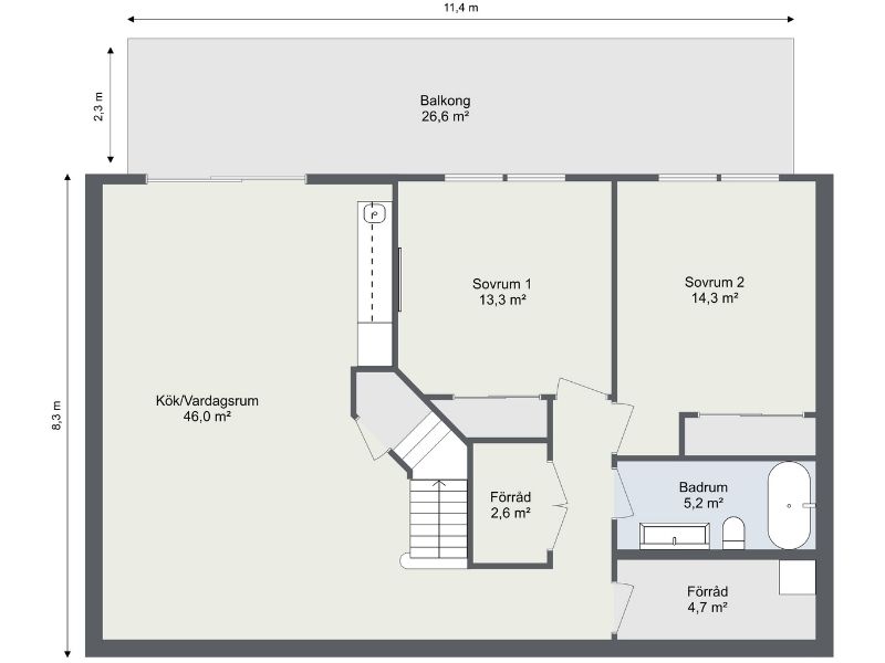 2D-planritning som visar en lägenhet med två sovrum, badrum, två förråd, ett kombinerat kök och vardagsrum samt en stor balkong.