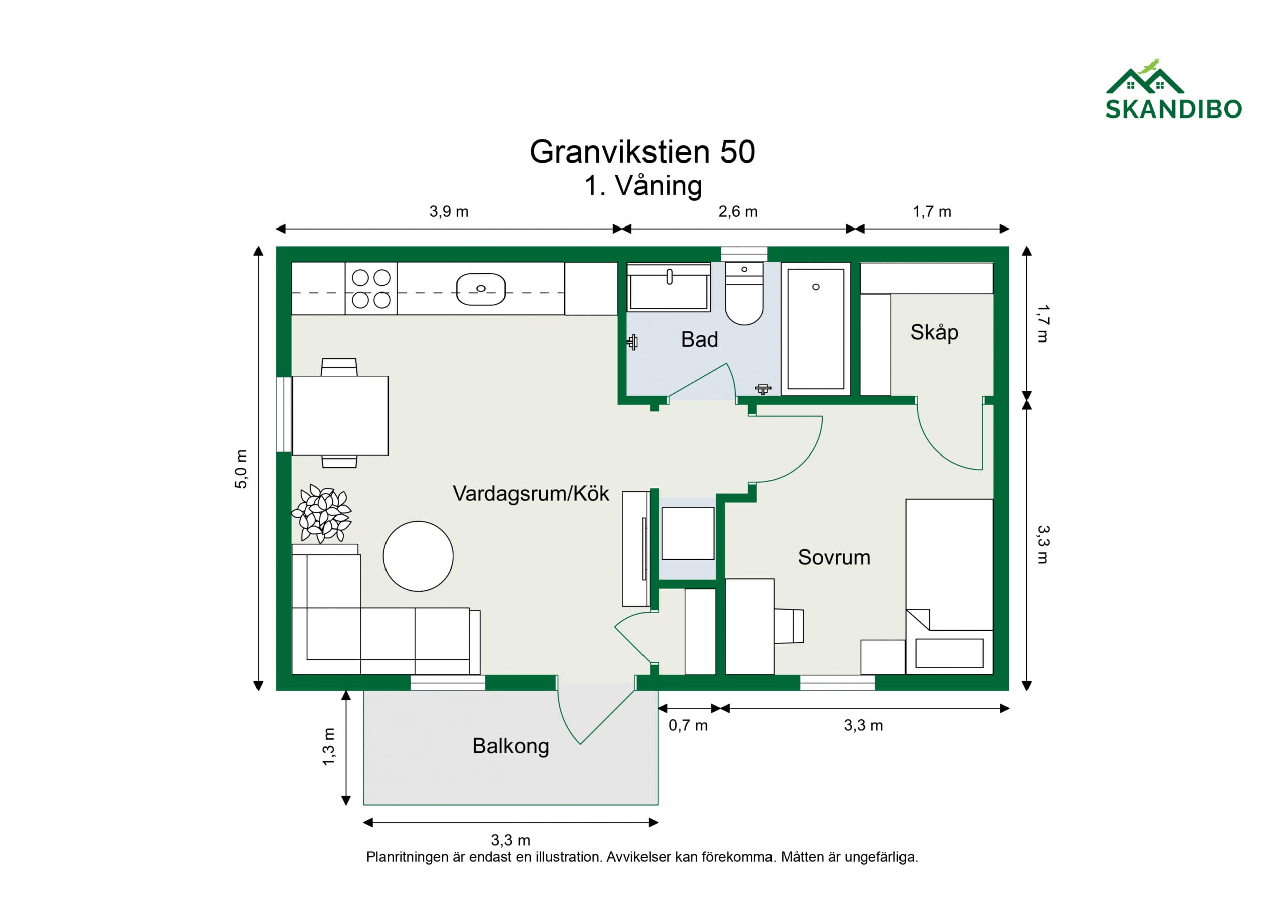 Illustrerad planritning av en lägenhet på bottenvåningen på Granvikstien 50, visad med tydliga mått. Planlösningen inkluderar vardagsrum/kök i öppen planlösning (5,0 m x 3,9 m), badrum (2,6 m x 1,7 m), sovrum (3,3 m x 3,3 m) med tillhörande garderob (1,7 m x 1,7 m), samt en balkong på 3,3 m x 1,3 m. Balkongdörren vetter mot vardagsrummet. Planritningen är märkt med Skandibos logotyp och innehåller möbleringsförslag samt mått för varje rum.