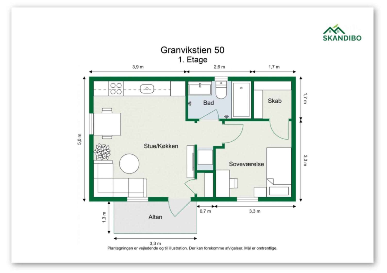 Grønt 2D-brevpapir af Skandibos etværelsesplan.