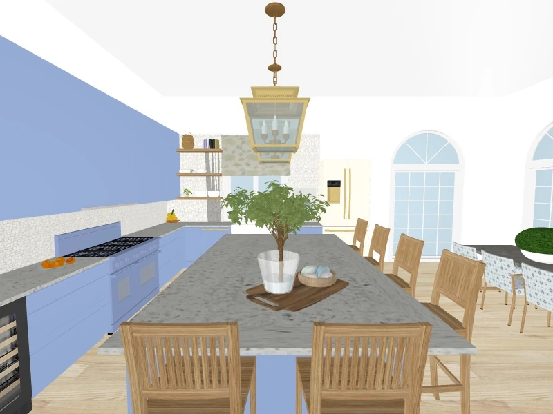 3D-visualisering af et lyst køkken med blå vægge og skabe, en stor køkkenø, træstole, spiseplads og buede vinduer.