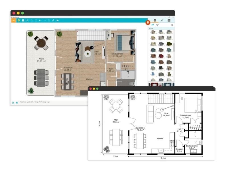 RoomSketcher-appen har et interface med en 2D-farveplan på skærmen, inklusive møbellayout og mærkede rum. Foran fremhæver en sort-hvid version af den samme plantegning rummets dimensioner og kvadratmeter. Appens brugerflade indeholder en værktøjslinje, en 3D-knap og et panel til valg af møbler til højre.
