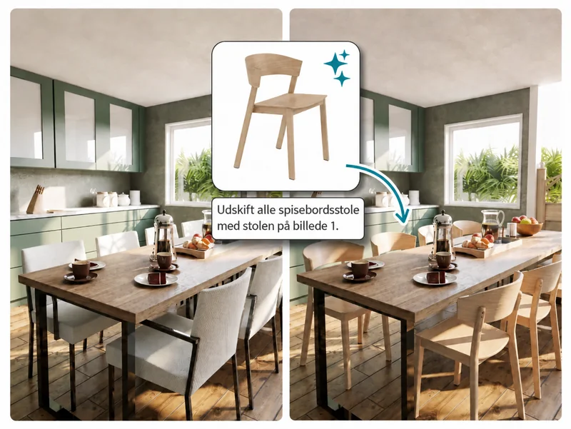 Ai-rendering som viser hvordan møbler i et rum kan erstattes ved hjælp af et referencebillede, med et tydeligt før-og-efter-resultat.