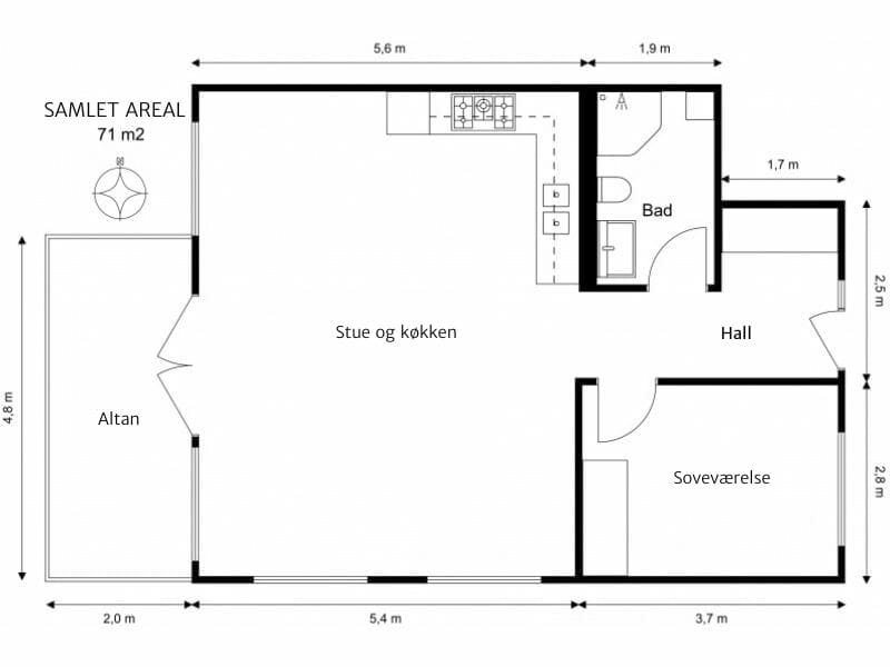 2D Plantegning af et hus med stue og køkken, hall, bad, et soveværelse, og altan.