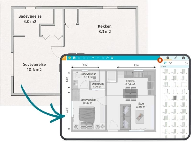 Et før- og efterbillede af en plantegning. Øverst ses en enkel, computertegnet plantegning på papir. Nederst vises den samme plantegning inde i RoomSketcher-appen, hvor rummene er navngivet og møbleret digitalt.
