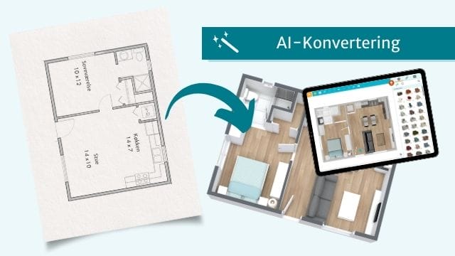 En papirplantegning bliver konverteret til en digital plantegning i RoomSketcher-appen ved hjælp af AI-konvertering.