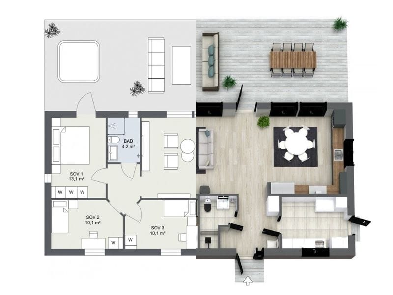2D- og 3D-plantegning lavet af BRA Hus. 3 soveværelser og 2 badeværelser. Plantegningen har neutrale farver. Stuen er indrettet med en sofa, to lænestole og et bord. Der er også et bryggers på plantegningen.