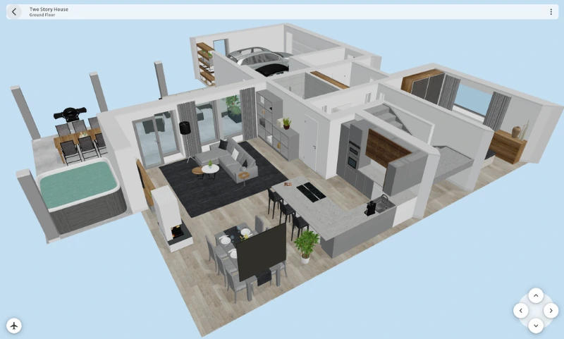 3D plantegning vist i Live 3D fra oven i skrå vinkel. Boligen har åben stue og køkken med spiseområde, sofa og sofabord, samt store vinduespartier ud mod en terrasse med spabad. Der ses også garage med bil, soveværelse, badeværelse og entré. Brugergrænseflade med navigationsikoner er synlig i hjørnerne.