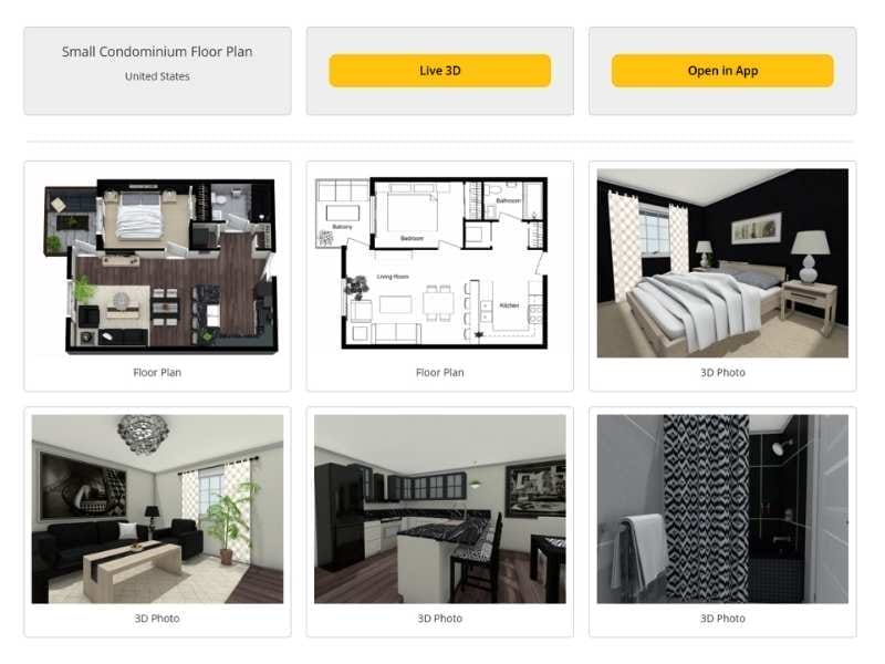 Die Online-Projektpräsentation von RoomSketcher zeigt ein Haus mit 2D- und 3D-Grundrissen sowie 3D-Bildern, dargestellt in der Portfolio-Oberfläche.
