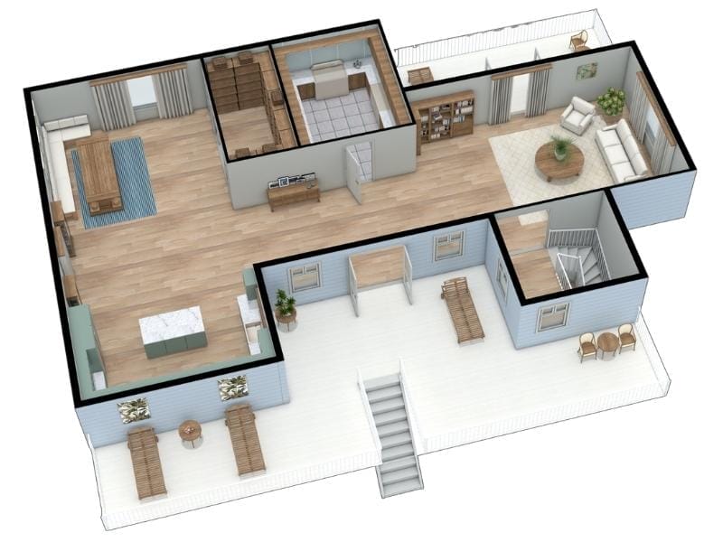 3D-Grundriss des Obergeschosses eines Hauses mit spiegelverkehrtem Grundriss, mit offenem Layout, großer Küche und zwei Balkonen.