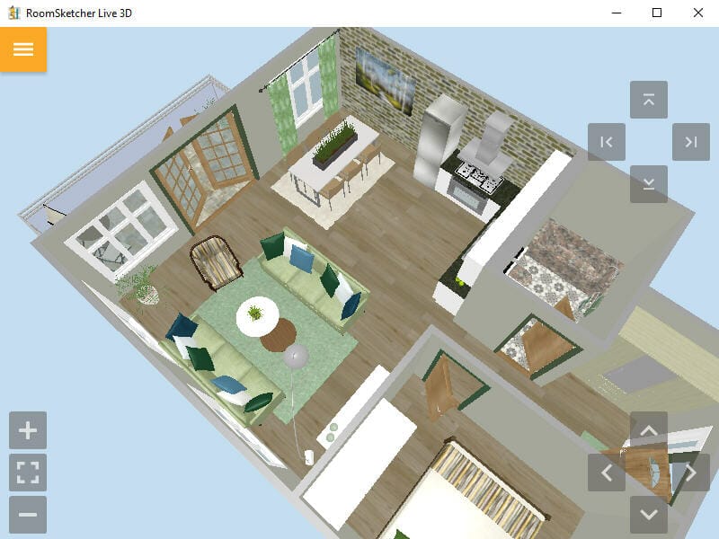 Live 3D Überflugansicht einer Wohnung mit einer interaktiven Vogelperspektive auf den Grundriss.